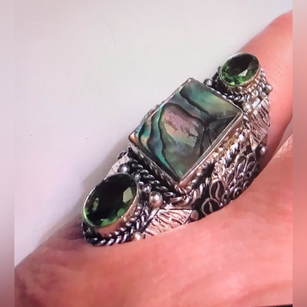 Abalone Peridot Stamped 925 Sterling Silver Ring